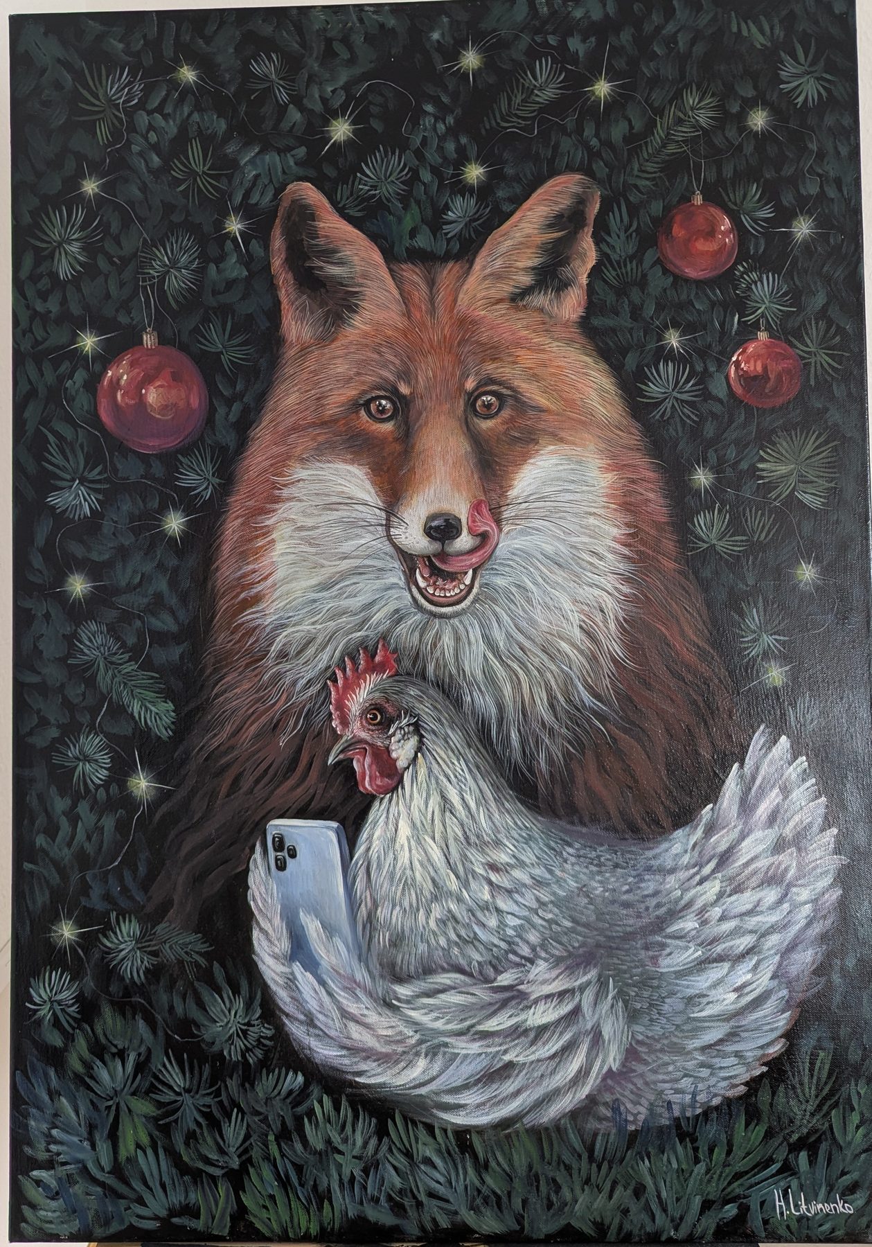 Gemälde 'Fuchs und Huhn' — Öl auf Leinwand, 100 × 70 cm, 2024