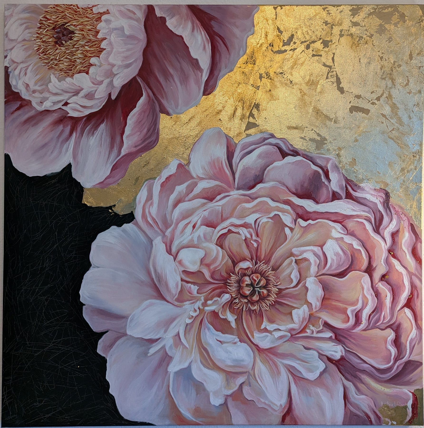 Gemälde 'Buntes Leben' — Pfingstrosen mit Blattgold