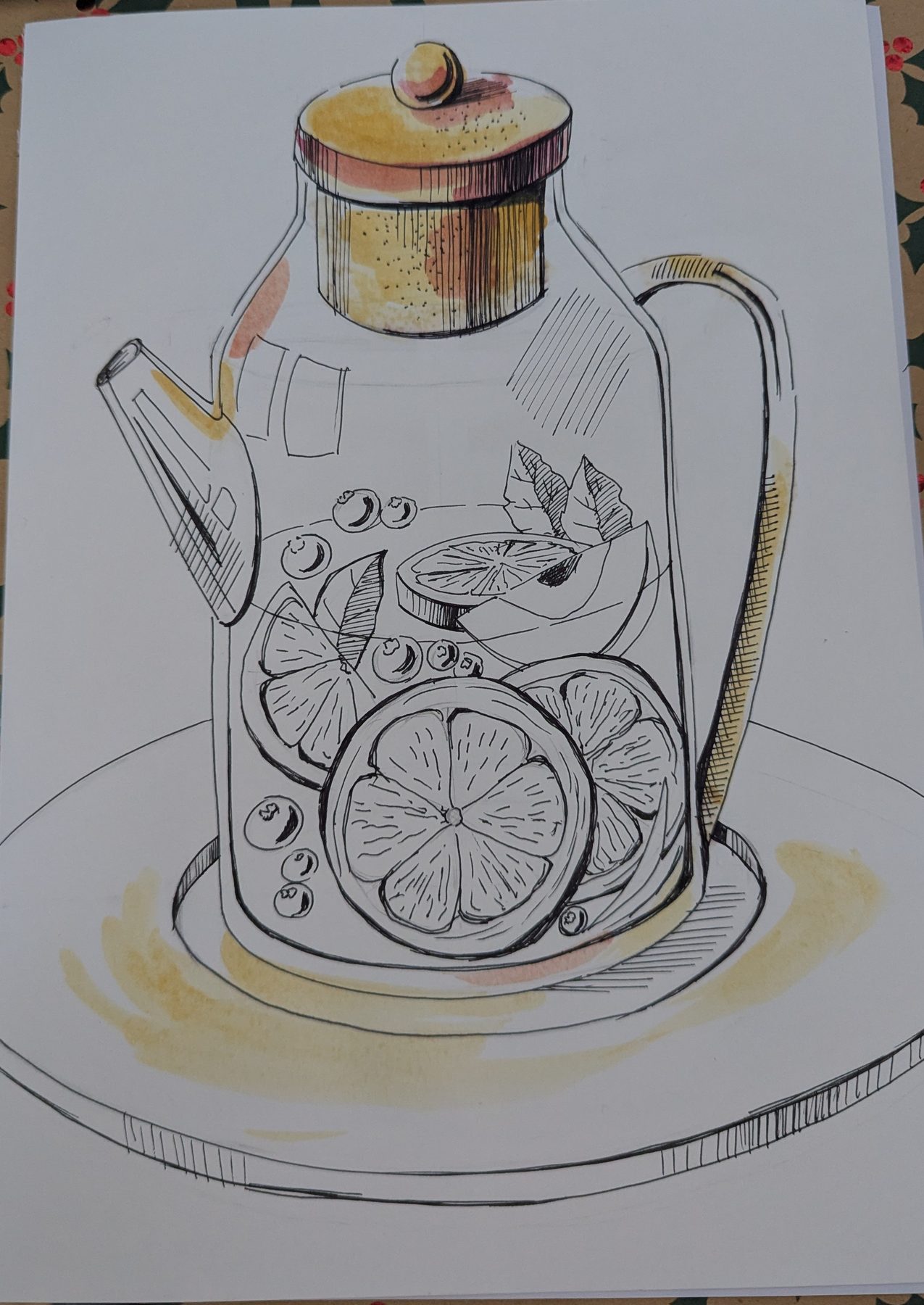 Urban-Sketching-Zeichnung einer Teekanne mit Zitronen